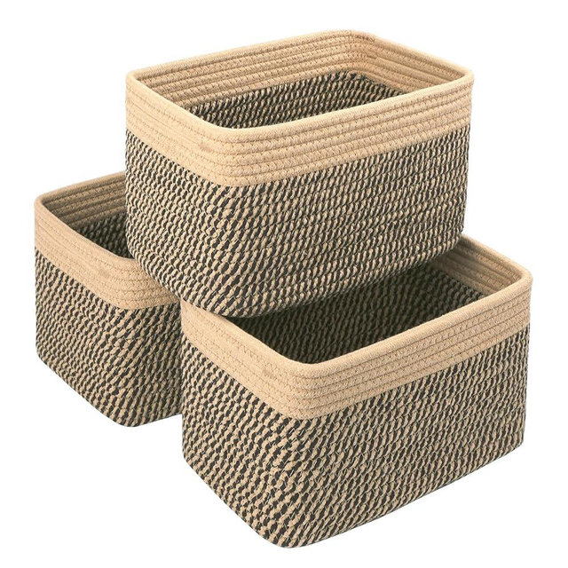 R RUNKA Small Cotton Rope Basket – Storage Bin for Organizing (10.6" x 6.7" x 6.7"), Bathroom Storage Basket for Shelf, Counter & Closet（Camel & Mixed Black）