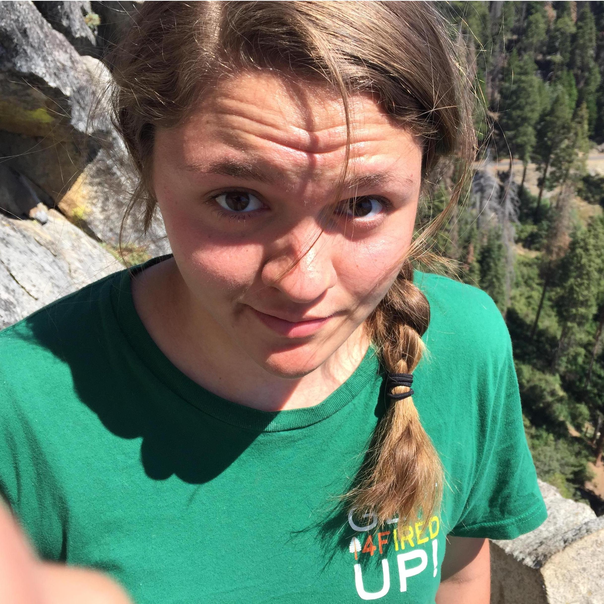 Lacey donning a 'vintage' Dartmouth bonfire shirt in the Sequoias.