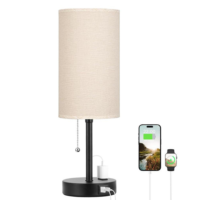 Dicoool 17Inch Tall Bedroom Lamps with USB C and A Ports 3 Color Temperatures - Pull Chain Beige Nightstand Bedside Table Lamp with AC Outlet, Side Lamp for Living Room End Table