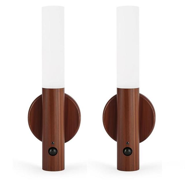 LANDGOO LED Motion Sensor Lights Wall Lamps Set of 2 Battery Operated Wall Sconces Rechargeable Lighting for Hallway Stairway Magnetic 360° Rotation (Black Walnut Wood 2PCS)