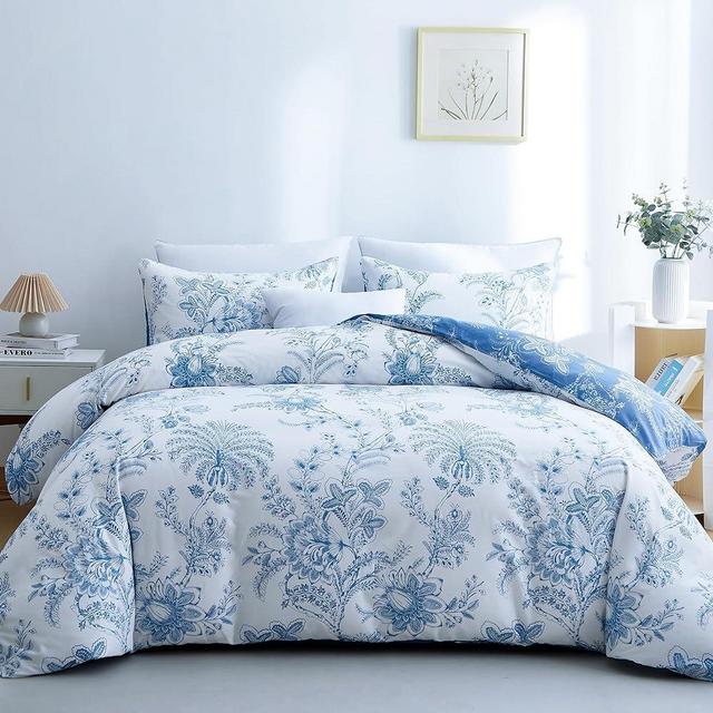 BOLINLIVING Floral Duvet Cover Queen Size 3 Pieces, Flower Duvet Cover with 2 Pillow Shams, Soft Floral Bedding Set White and Blue for All Season, Breathable, Zipper Closure