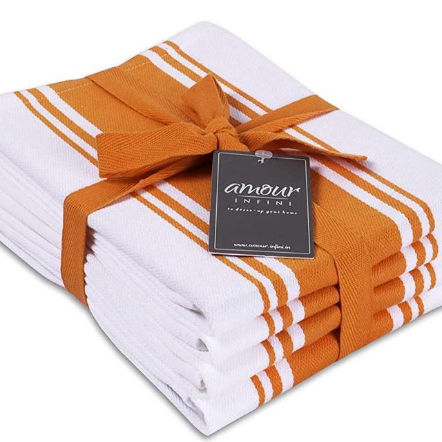 AMOUR INFINI Classic Stripe Kitchen Dish Towels | 4 Pack | 28 x 20 Inch, Over Sized | Multi-use Kitchen Towels |100% Ring Spun Premium Cotton | Highly Absorbent Tea Towels | Orange