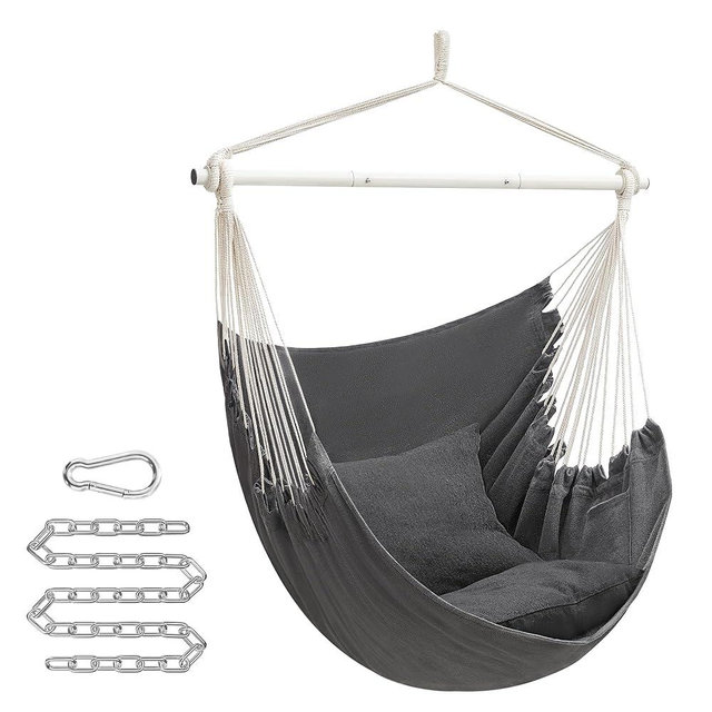 SONGMICS Hammock Chair, Hanging Rope Swing with 2 Cushions, Large Swing Chair with Chain and Pocket, Load Capacity 330 lb, for Indoor, Outdoor, Living Room, Bedroom, Slate Gray UGDC197G02