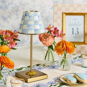 MACKENZIE-CHILDS LED Rechargeable Cafe Table Lamp, Cordless Decorative Lamp, Light-Blue-and-White Sky Check