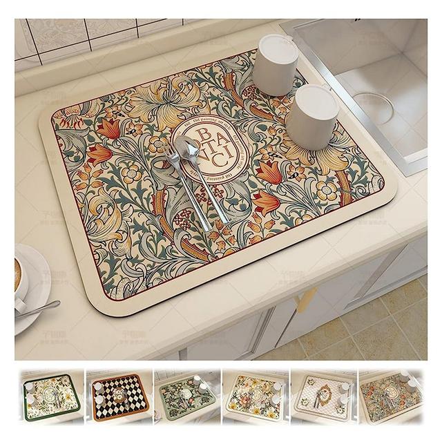 Fantasy Style Draining Mat, Absorbent Dish Drying Mat, Drying Pads for Kitchen Counter, Vintage Floral Plates Non-Slip Drain Pad Quick Dry Mats Kitchen Accessories (A)