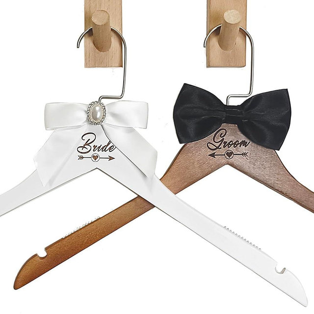 2 Pcs Bride Hanger for Wedding Dress Wooden Groom Suit and Gown Non-Slip Hangers with Bow Tie Personalized Bridal Party Shower Gift (Style 2)