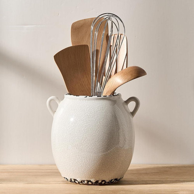 JIEMEI HOME Kitchen Utensil Holder with Handle, 6.69" Ceramic Farmhouse Stable Utensil Crock for Countertop, Cooking Tool Organizer with Cork Bottom, Spatula Holder For Kitchen Decor, White