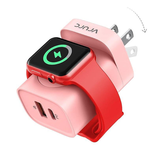 VRURC for Apple Watch Charger, Wireless Magnetic Portable iWatch Charger, PD 20W 3-in-1 Travel Essentials Fast Charging Block for iWatch Ultra/SE/10/9/8/7/6/5/4/3/2/1,iPhone 16/15/14/13,Android-Pink