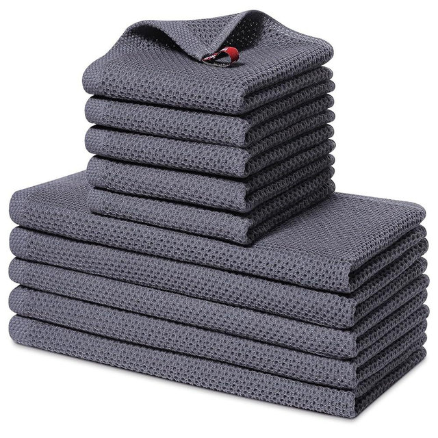 Homaxy 100% Cotton Kitchen Towels and Dishcloths Set, 12 x 12 Inches and 13 x 28 Inches, Set of 10 Bulk Kitchen Towels Set, Ultra Soft Absorbent Dish Towels for Washing Dishes, Dark Grey