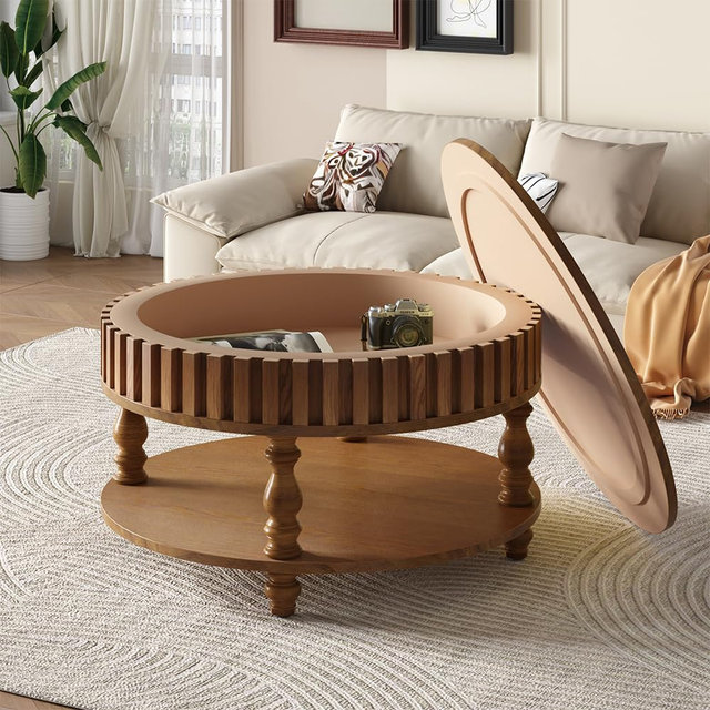 Round Coffee Table with Storage, Farmhouse Flip-Top Coffee Table for Living Room. Solid Wood Fluted Design with Hidden Compartment, Space-Saving Rustic Table, Antique Brown