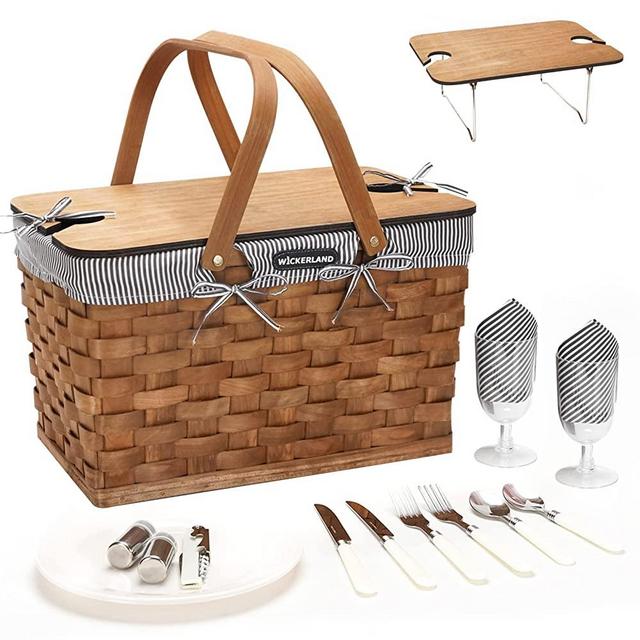 Picnic Basket Set for 2, Handmade Woodchip Basket with Wine Table & 2 Wooden Handles, Cutlery Service Kit, Best Gift for Couple, Valentine's Day,Christmas, Birthday, Wedding, Outdoor, Camping. 2P-Grey