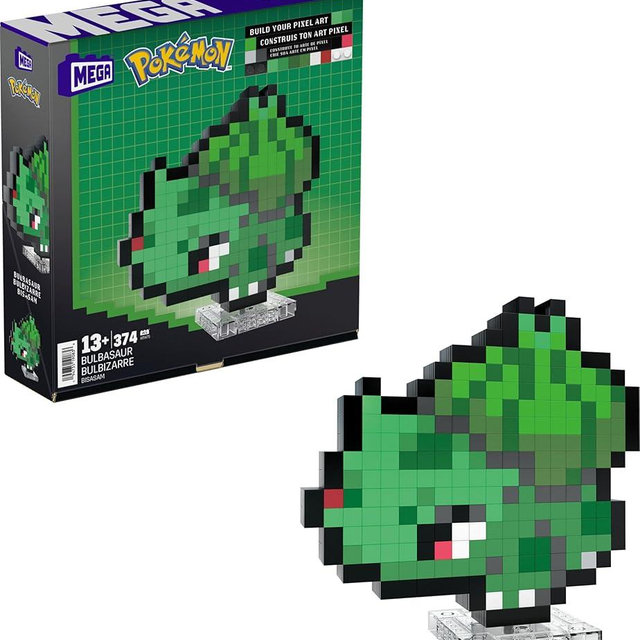Mega Pokémon Bisasam Retro Look - 15 cm Buildable with Pixel Art Stones - Includes Wall Mounted Base for Adult Lovers and Collectors, HTH75