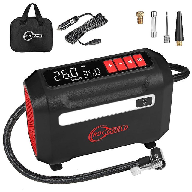 ROCGORLD R8 Tire Inflator Portable Air Compressor, DC 12V Air Compressor Portable with Large Dual Digital Screen, 3X Faster Inflation Air Pump for Car, Bike, Ball, Motor