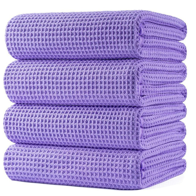 POLYTE Microfiber Oversize Quick Dry Lint Free Bath Towel, 60 x 30 in, 4 Pack (Purple, Waffle Weave)