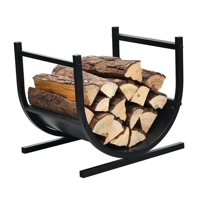 Goplus Firewood Rack, 17” U-Shaped Heavy-Duty Iron Log Rack with Stable Base & Carrying Holder, Indoor & Outdoor Decorative Wood Stacking Holder, Easy Set Up