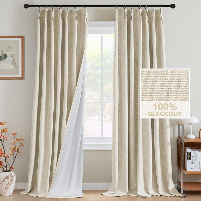 H.VERSAILTEX Pinch Pleated Full Blackout Curtains Linen Blended Chenille Blackout Curtains 84 inch 2 Panels Bedroom Thermal Insulated Farmhouse Neutral Track Drapes with Hooks, Heather Bleached Sand