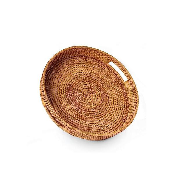 Round Rattan Serving Tray Decorative Woven Ottoman Trays for Coffee Table Natural Round Woven Tray, 14 Inch