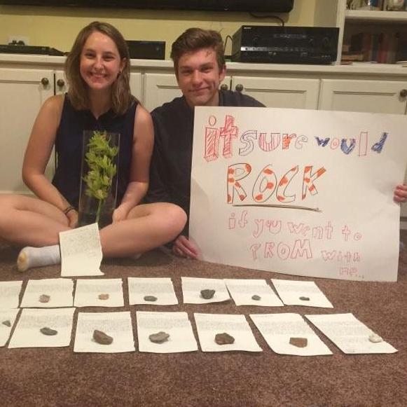 Jeremy asked Malone to prom by collecting rocks from every town he visited in Europe. He wrote wrote a long note to along with each rock. Also he gave her an orchid cuz Malone b classy. March 2017.