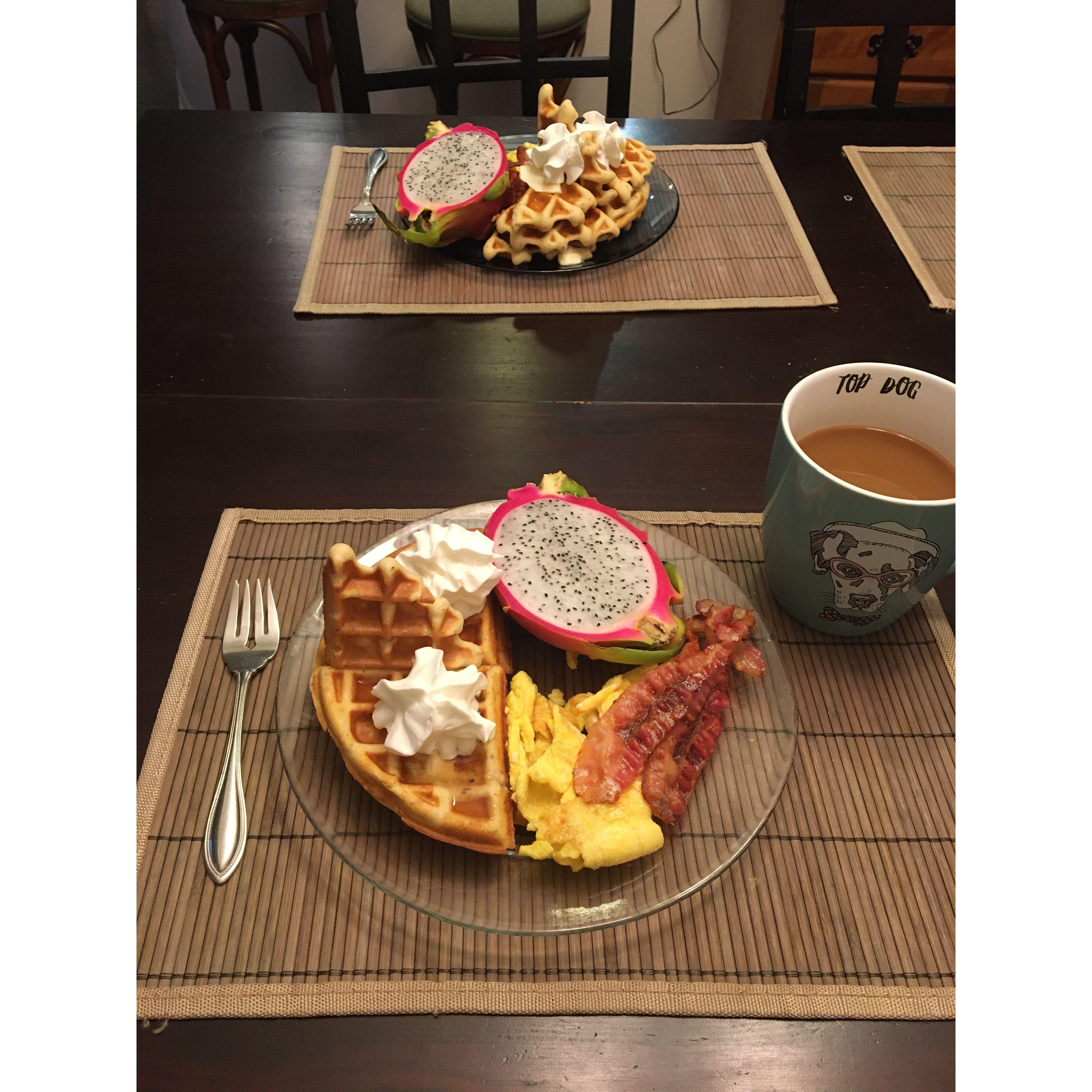 The next morning Felise woke up to an amazing meal by Chef Jon!
*Store bought dragonfruit; the one's Jon has grown are so fresh they're pink inside!
