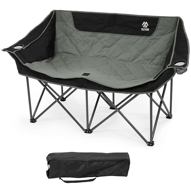 Elevon Double Camping Chair, 2 Person Oversized Loveseat for Adults, Portable Heavy Duty Outdoor Folding Chair with Arms, Cup Holder Carry Bag for Patio Beach Lawn Backyard Fishing Sports Trip, Gray