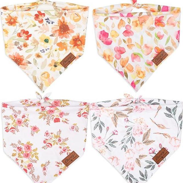 Charcy Dog Bandanas 4 Pack, Fall Dog Bandana Boy Girl for Holiday Birthday, Adjustable Durable Dog Scarf, Unique Design - White Bottom Flower Triangle
