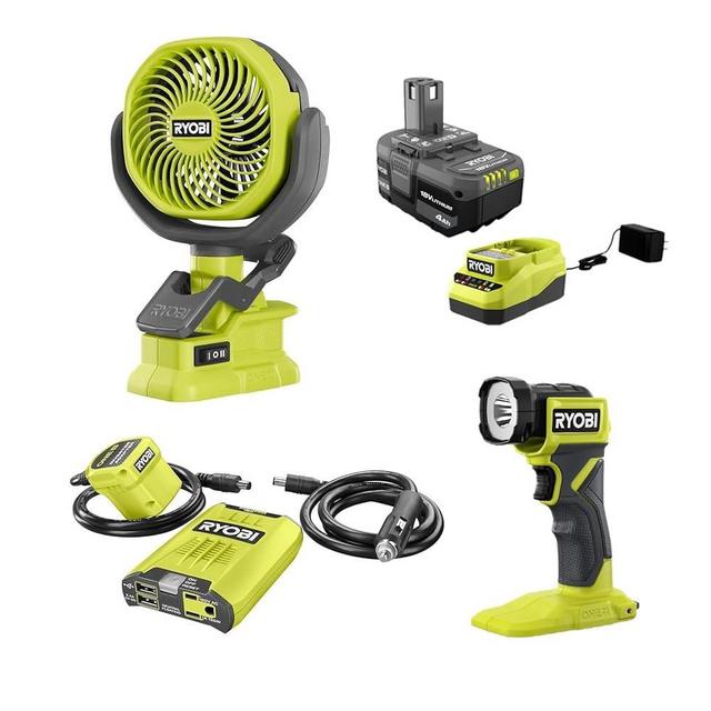 Ryobi 18-Volt Camping Kit - with Clamp Fan, Flashlight, Inverter, (1) 4Ah Battery and Charger (Bulk Packaged)