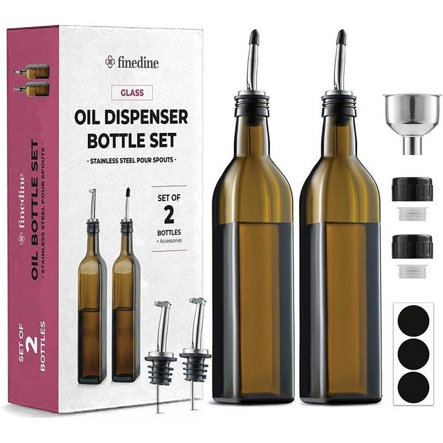 Superior Olive Oil Dispenser Set - Slim Amber Brown Design Oil and Vinegar Dispenser - Funnel For Easy Refill - Oil Dispenser Bottle For Kitchen With 4 Pouring Spouts and Labels - Glass Oil Bottle Set