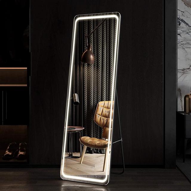 LVSOMT 63"x20" LED Full Length Mirror, Floor Standing Mirror, Wall Mounted Body Mirror, 3 Color Dimmable Lighted Vanity Makeup Mirror, Large Leaning Dressing Mirror for Bedroom Living Room (Black)
