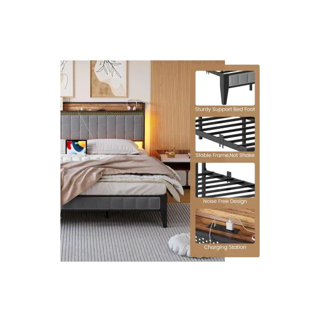 Upholstered Bed Frame with Charging Station and LED Lights