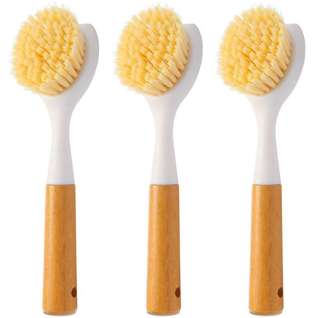Cooptop 3 Pack Dish Brush Set with Bamboo Handle, Dish Scrubber Built-in Scraper, Kitchen Scrub Brush for Cleaning Cast Iron Cookware, Pans, Pots, Counter & Kitchen Sink (White)