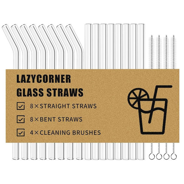 Lazycorner Reusable Glass Straws Set 16 Pcs 8.5''x 10MM Bent Straight Clear Glass Drinking Straws Set of 8 Straight and 8 Bent with 4 Cleaning Brushes Perfect For Smoothies, Tea, Juice-Clear Cocktail.