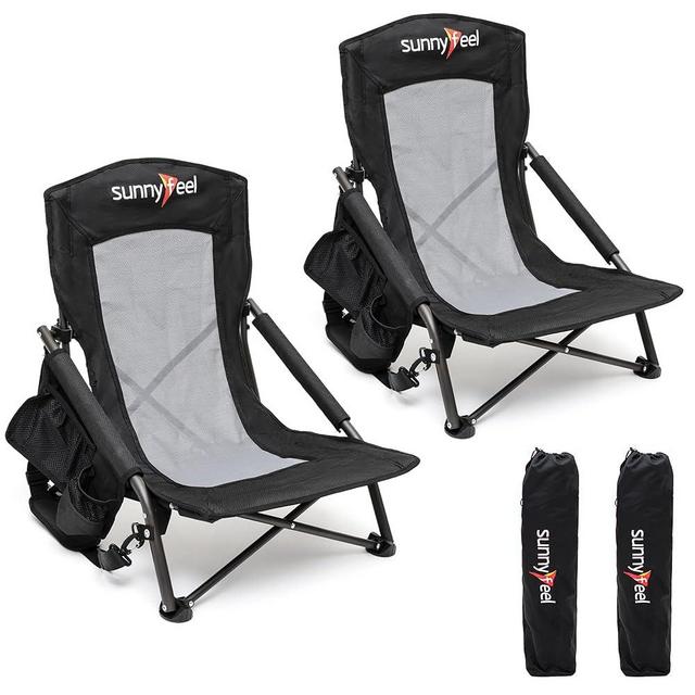 SUNNYFEEL Folding Low Camping Beach Chair 2 Pack, Lightweight Portable Lawn Chair with Mesh Back, Cup Holder for Outdoor/Travel/Picnic/Concert, Foldable Camp Backpack Chair with Carry Bag