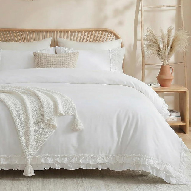 Merryword 100% Cotton Ruffled Comforter Set Queen, White Shabby Chic Farmhouse Bedding Set French Country Cute Comforter Set