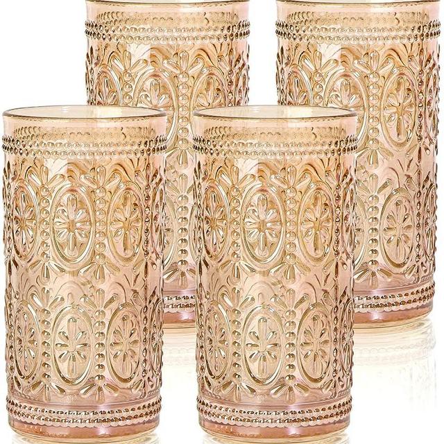 abrwyy Amber Glassware set of 4 Vintage Drinking Glasses, 12oz Amber Heavy Duty Glass Cups, Old Fashioned Glass, Highball Glasses Set for Party Wedding Home Office Glassesware Gift