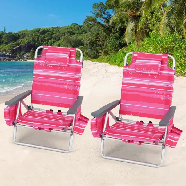 Patiojoy 2-Pack Folding Backpack Beach Chair 5-Position Outdoor Reclining Chairs with Pillow Dark Pink