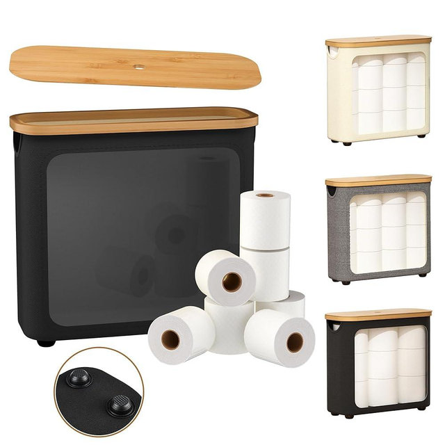 WRRLORS Toilet Paper Storage with Bamboo Lid,Foldable Basket Organizer for Bathroom, Holds 9 Mega/12 Regular Rolls, Waterproof Toilet Paper Holder Storage with Non-Slip Base,Black