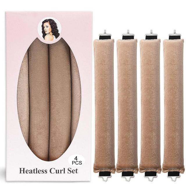 4Pcs Heatless Hair Curler, Overnight Heatless Curls Blowout Rods for All Hair Types, Flexi Rods with Hook, Extra Thick Hair Curlers to Sleep in No Heat Curling Headband for Women Girls Long - Khaki