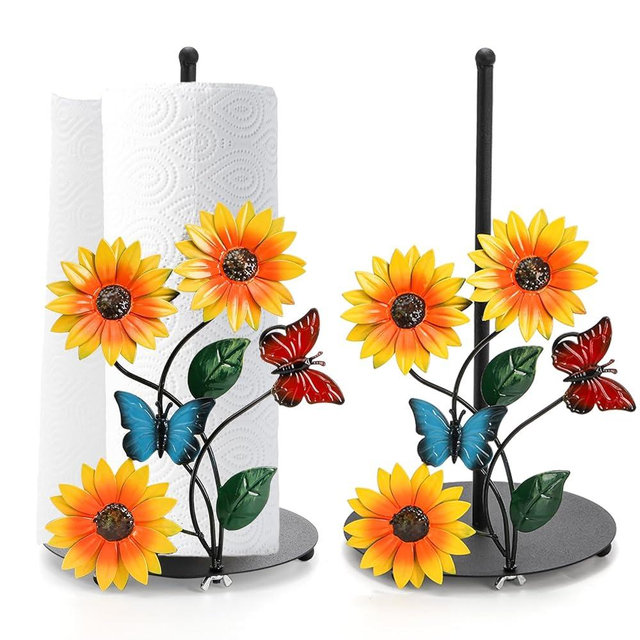 Suwimut 2 Pack Sunflower Paper Towel Holder, Sunflower Kitchen Decor and Accessories, Yellow Metal Standing Paper Towel Roll Holder for Countertop, Housewarming Gift