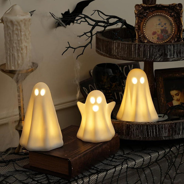 [Timer]Light Up Ghost Halloween Decor, 3 Pack Ceramic Halloween Ghost Decorations Indoor, Ceramic White Ghost Figurines Ghost Statue Cute Ghost Sculpture Spooky Halloween Decor for Home Table Tray