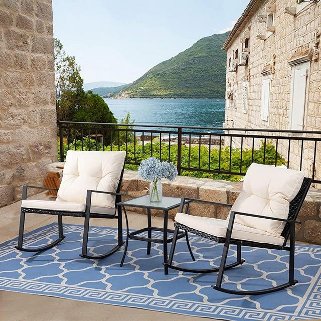 Shintenchi Outdoor 3 Piece Rocking Bistro Set, Wicker Patio Outdoor Furniture Porch Chairs Conversation Sets with Glass-Top Coffee Table for Backyard Porch Poolside Lawn, Garden Beige