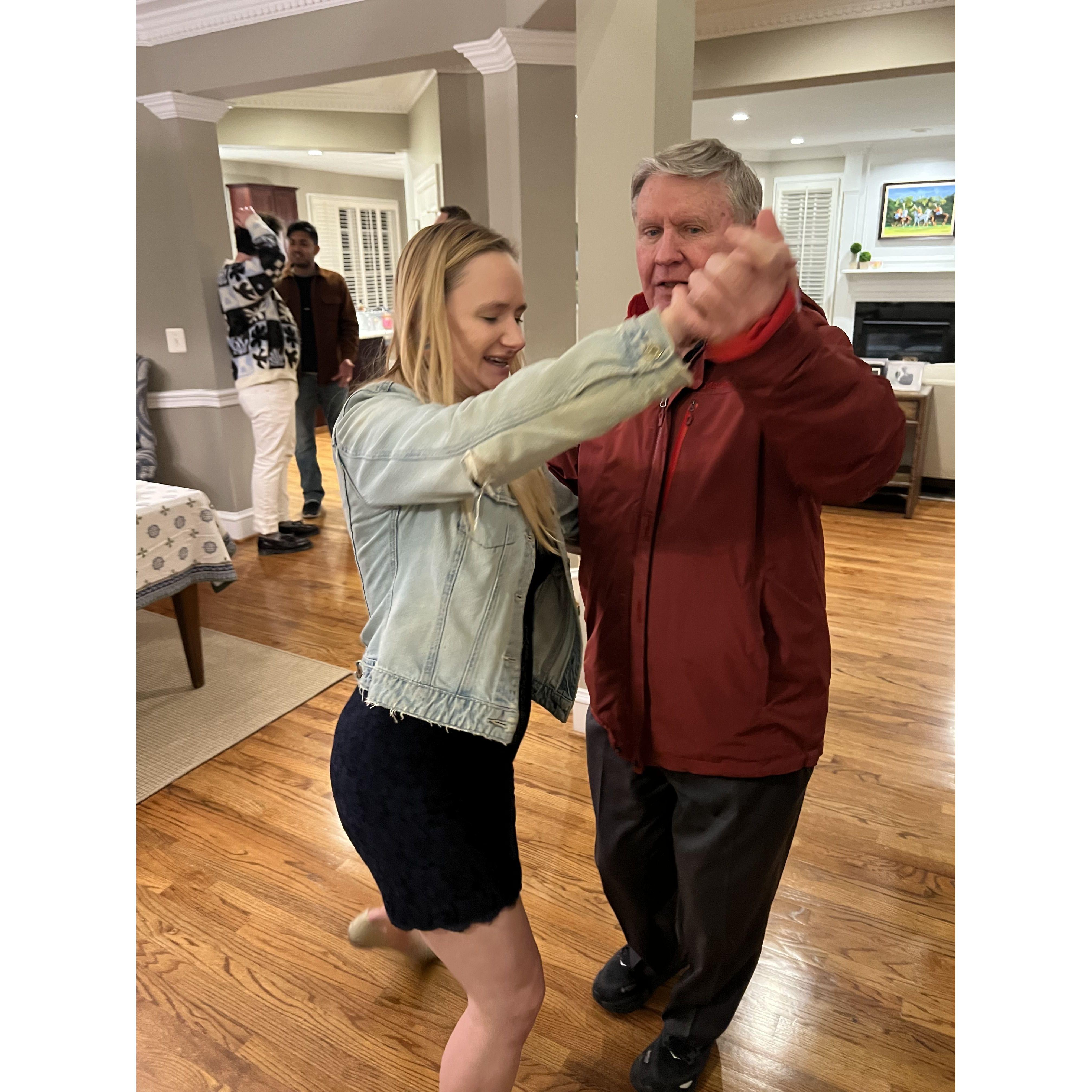 Claire and Uncle Mike Fleming dancing at Abby's engagement party Feb '25