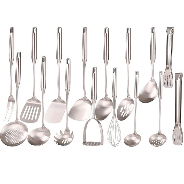 18/10 Stainless Steel Cooking Utensils Set - 16 PCS All Metal Kitchen Tools, Serving Utensils - Whisk, Masher, Fork, Tongs, Solid/Slotted Spoon, Spatula, Turner, Ladle, Skimmer, Pasta, Large Spoon Set