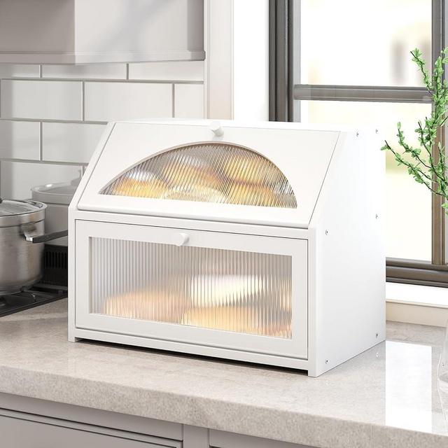 Bamboo Bread Box for Kitchen Bread Storage Organizer Farmhouse Countertop Bread Container With Semicircular Frosted Window Breadbox Double Layer Bamboo Wooden Extra Large Capacity Bin（White）