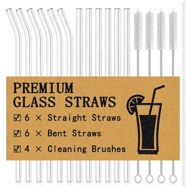 Piteno® 12Pcs Clear Glass Straws with 4Pcs Brushes