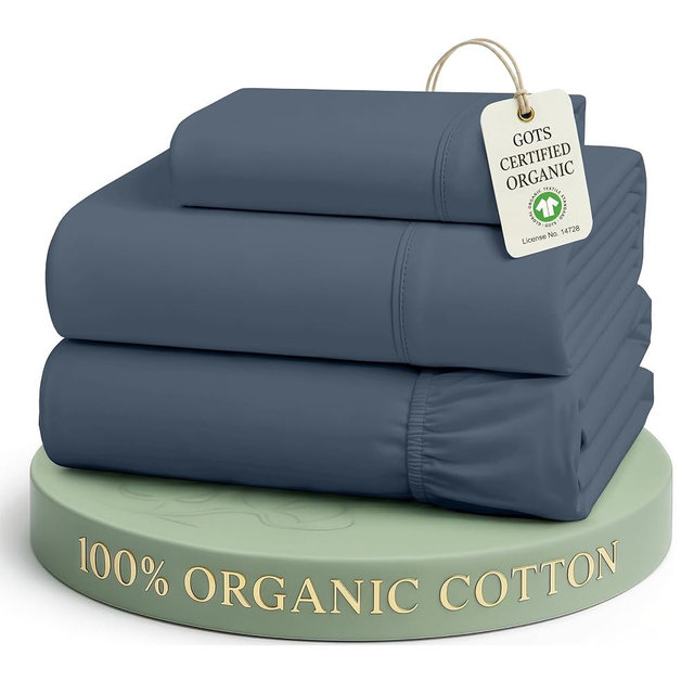 LANE LINEN Twin Sheet Set 100% Organic Cotton 3pc Percale - Estate Blue | GOTS Certified Organic Cotton Percale Twin Sheet Set - Soft From The First Wash, Crisp Cool Percale Weave, Great For Gifting