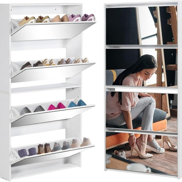 COEWSKE Mirror Shoe Storage Cabinet for Entryway Slim, White Wood Shoe Rack Organizer with 4 Flip Mirror Drawers, Freestanding Modern Narrow Shoes Storage Cabinet, Apartment, Living Room