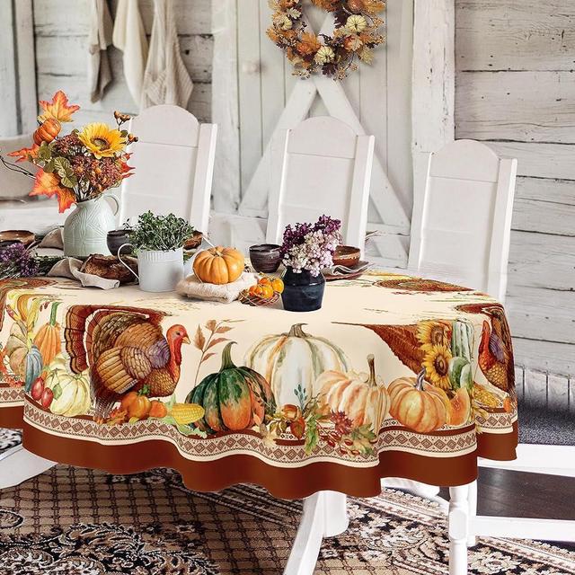 Yighty Oval Thanksgiving Tablecloth 60x84In,Thanksgiving Autumn Harvest Pumpkin Sunflower Turkey Table Cloth,Polyester Waterproof Wrinkle Resistant Durable Tablecloth for Fall,Thanksgiving,Home Decor