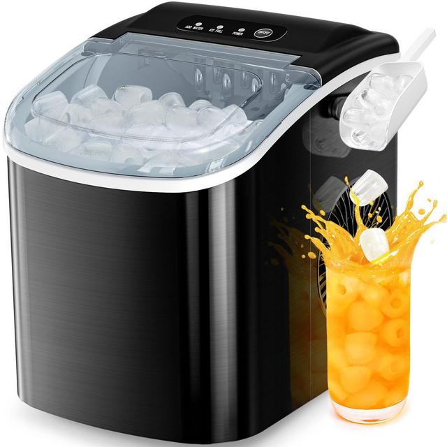 R.W.FLAME Stainless Steel Ice Maker Countertop, Bullet ice, 26.5Lbs/24H, 9 Pcs/6 Mins, with self-cleaning, ice basket, and scoop, with Handle