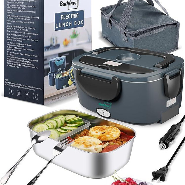 Buddew Electric Heated Lunch Box for Adults - 80W Fast Heating, 1.5L Food-Grade Stainless Steel, 12V/24V/110V Portable Food Warmer for Work Travel Car, Lonchera Electrica Portatil