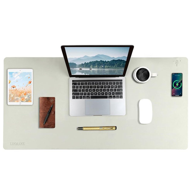 Wireless Charging Mouse Pad with for Desktop Charging Large Desk Mat 32"x16" Waterproof Gray Leather Computer Mat Mousepad Non-Slip Protector on Top of Desks for Keyboard and Mouse(Gray-R)